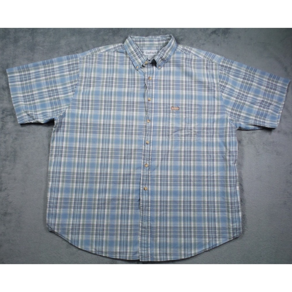 Carhartt Shirt Mens Size 2XL Blue Plaid Button Down Short Sleeve Pocket